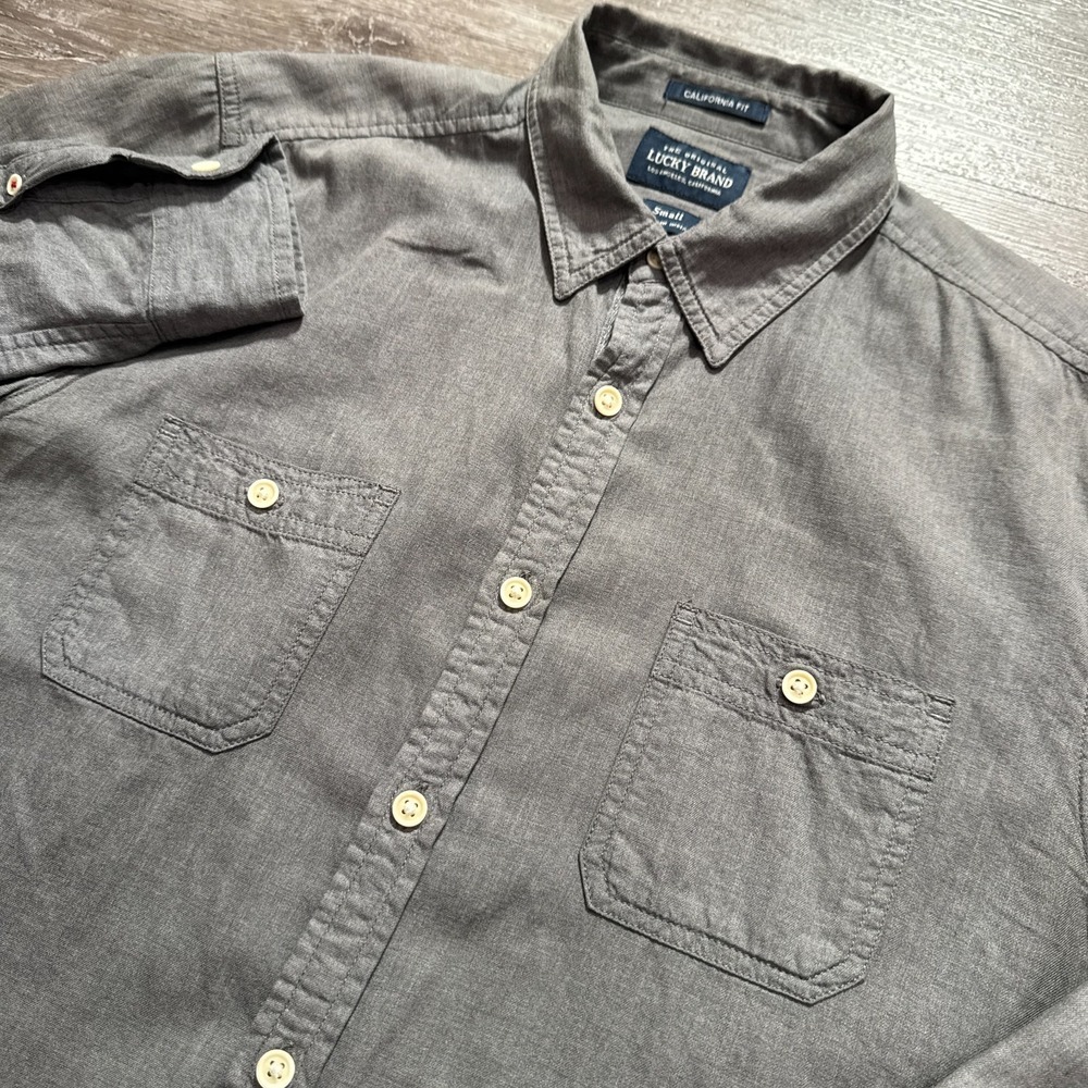 Lucky Brand Shirt Mens Small Gray Chambray California Fit Pocket Western Rodeo